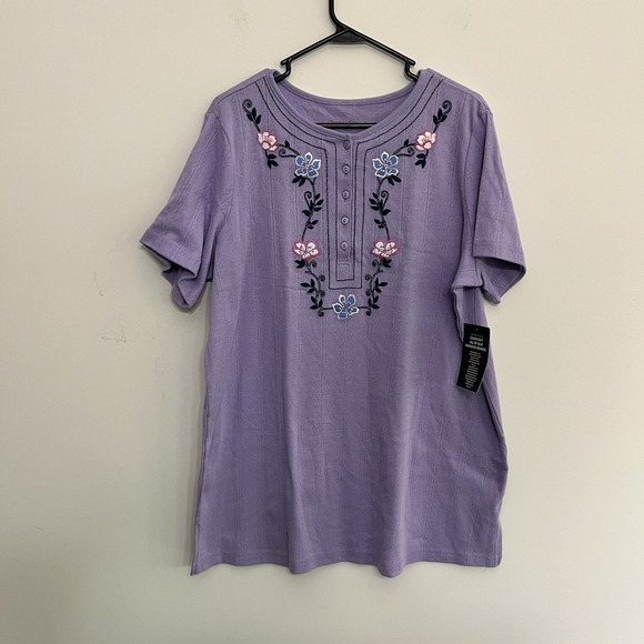 Woman Within Tops - Woman Within Plus Size 18/20 L Top Short Sleeve Purple Floral Long Casual Wear